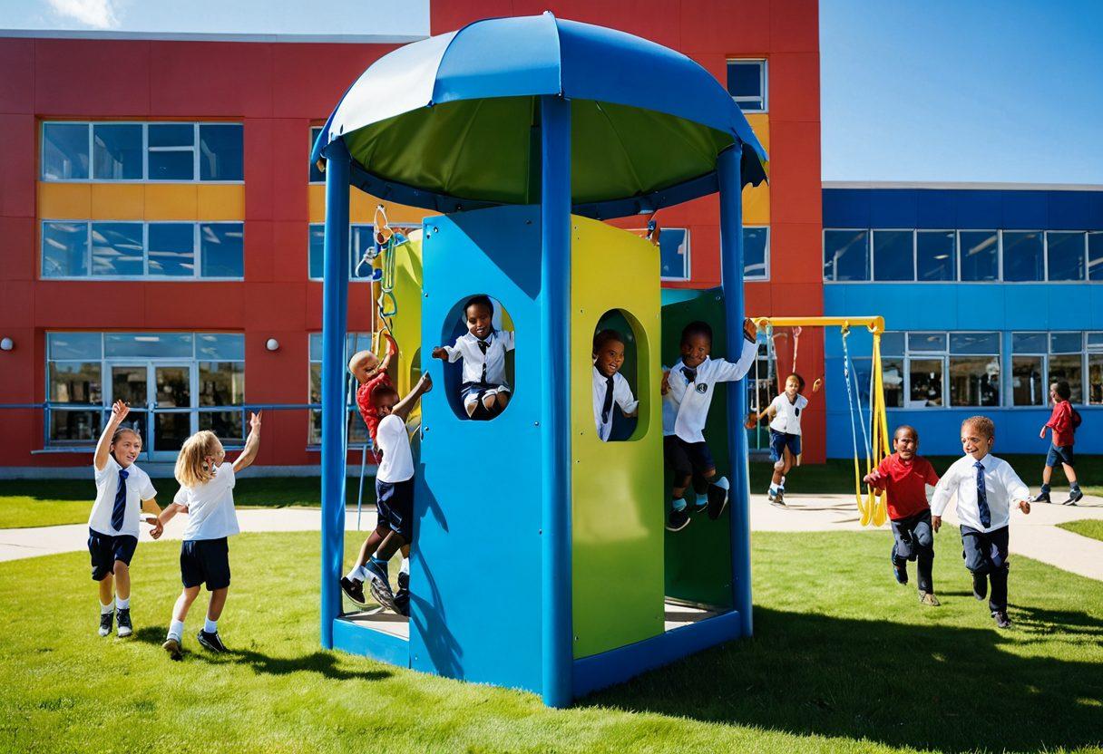 A diverse group of happy schoolchildren playing on a playground, underscored by a protective shield illustrating safety and security. In the background, a school building looms with a bright blue sky above. Include subtle symbols of various insurance elements, like documents and shields, interspersed throughout the scene to represent tailored coverage. Overall, create a warm and inviting atmosphere to emphasize safety and success in education. vibrant colors. super-realistic.