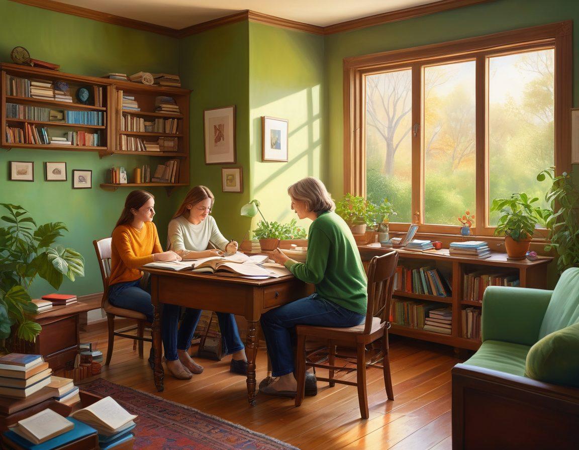A warm, inviting family scene depicting parents discussing plans with a child studying at a desk, surrounded by educational materials and symbols of protection like a shield and a heart. Incorporate elements of growth such as plants and a glowing light to symbolize nurturing futures. The background should softly blur to emphasize the family and their plans. vivid colors. soft focus. digital painting.